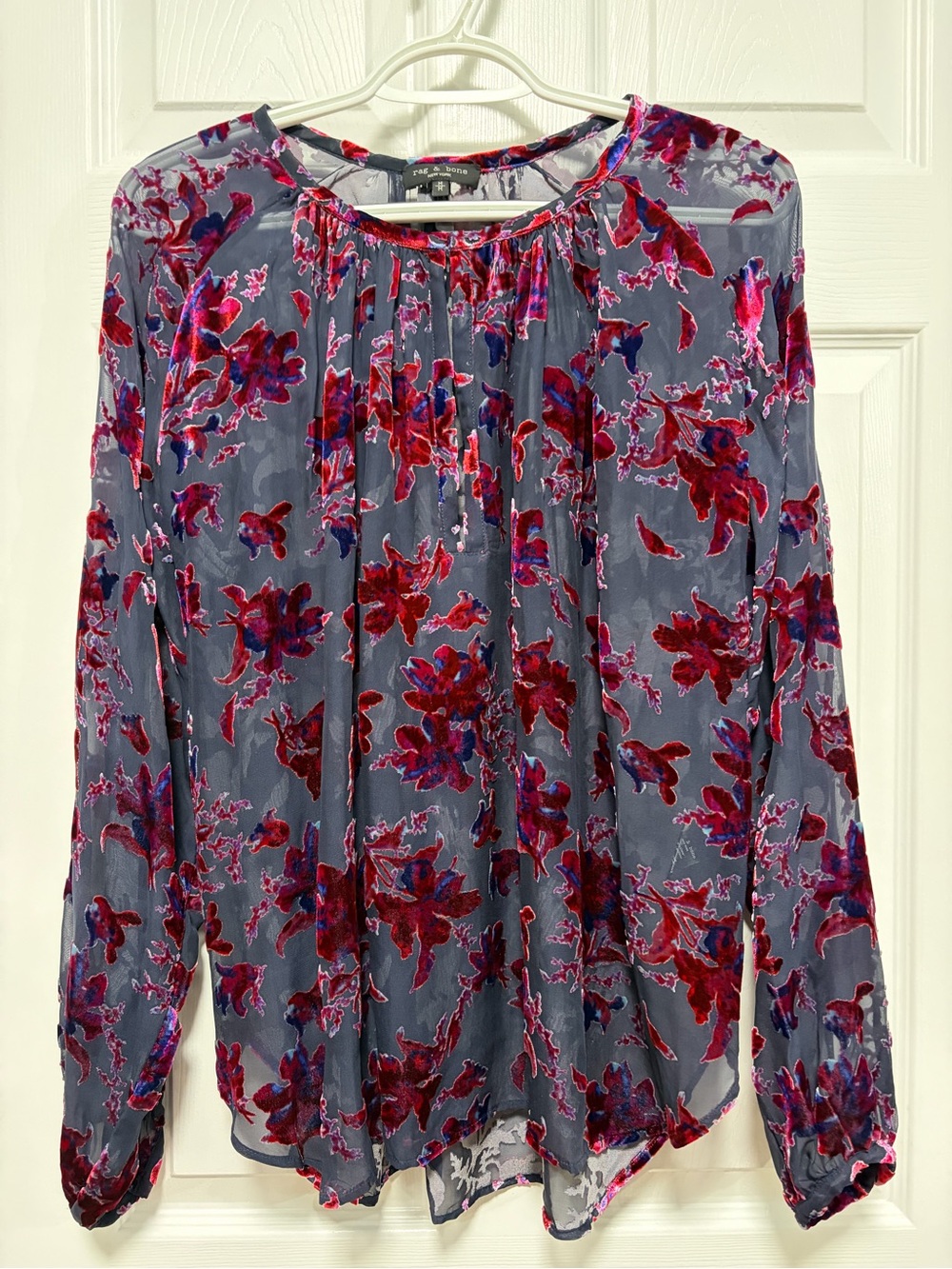 Rag & Bone Yuni Silk Blend Velvet Floral Burnout Blouse Gray Red Purple Medium
